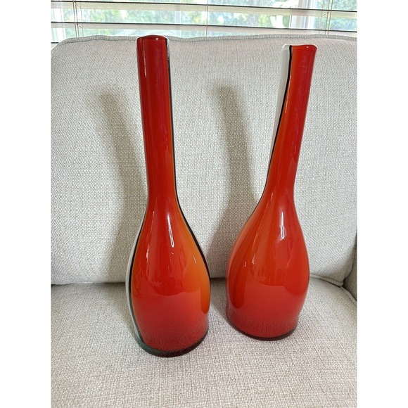 Lot Of 2 Glass Art Bottle Vase Red, White, Black Home Decor Accent Piece